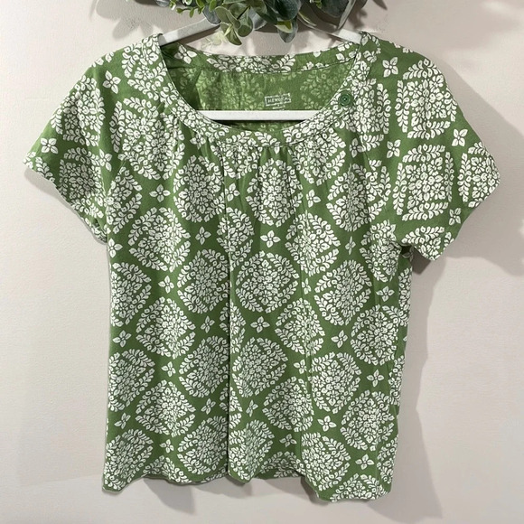🌸 Merona Cap Sleeve Green & White Print Top Button Detail on Neckline M - Picture 1 of 9